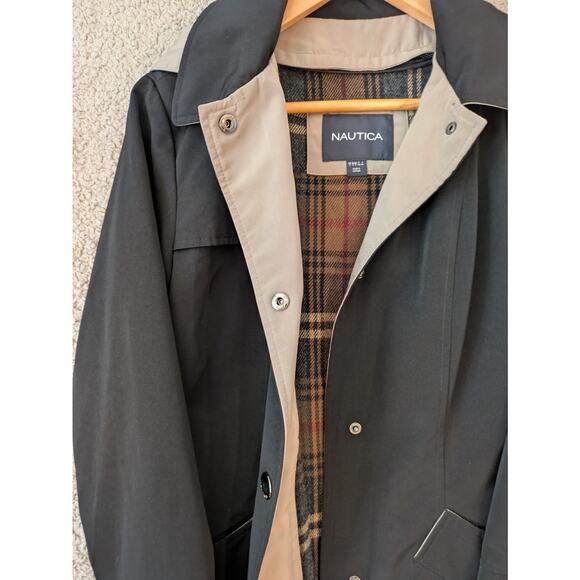 Vintage Nautica Women's Knee-Length Trench Jacket Small Black Hooded Coastal y2k - Picture 2 of 16